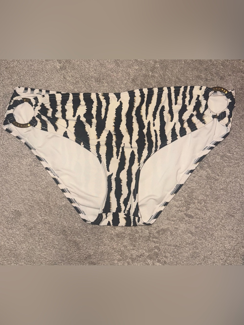 Carmen Marc Valvo Black and White Zebra-Stripe Swim Bottom with Gold Accents